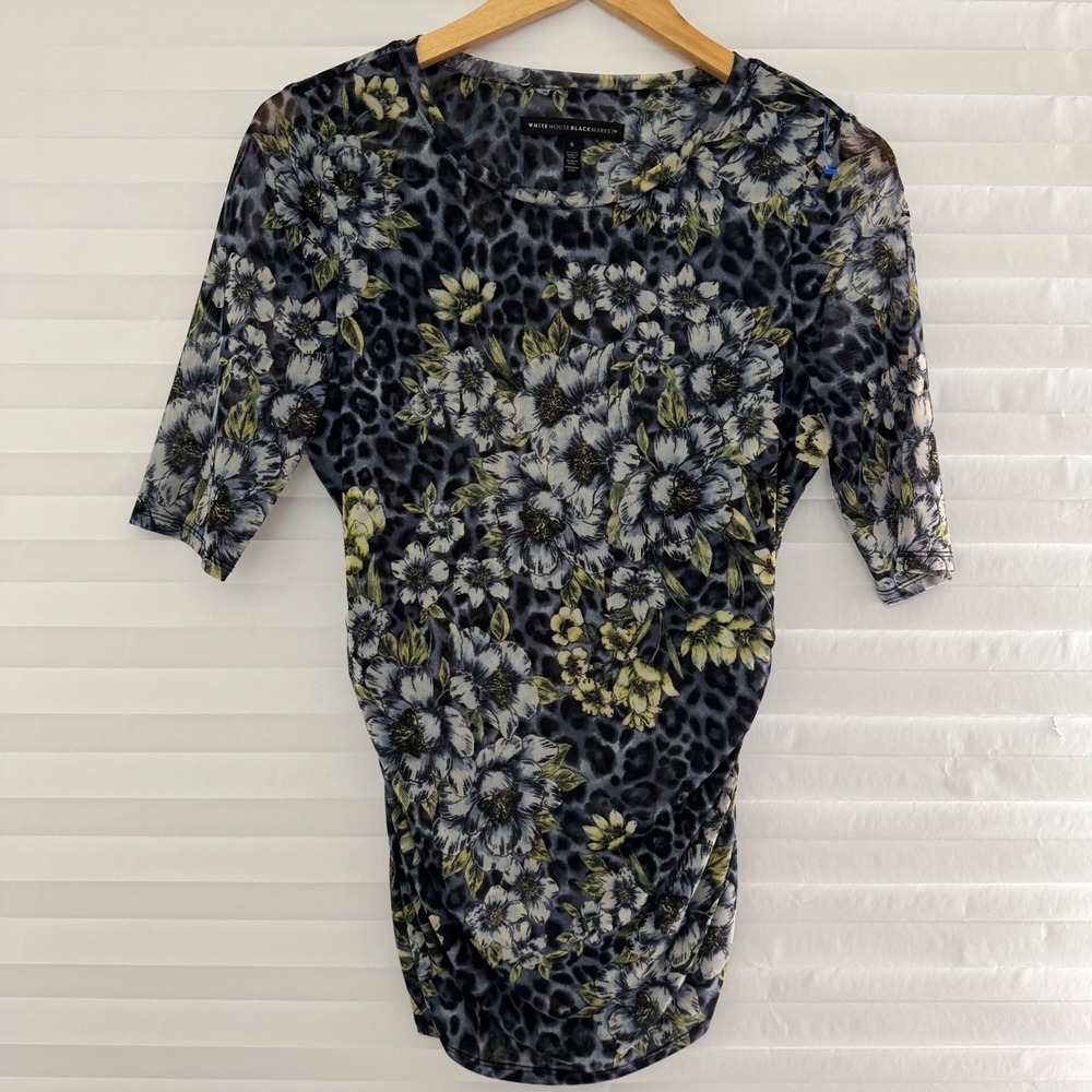 White House Black Market Blue Leopard Floral Mesh Sheer Ruched Whimsigoth Top S